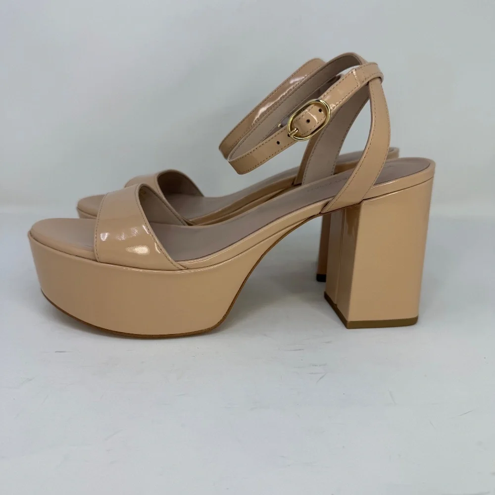 New Stuart Weitzman Gala Patent Leather Sandals Golden Beige Sz 9